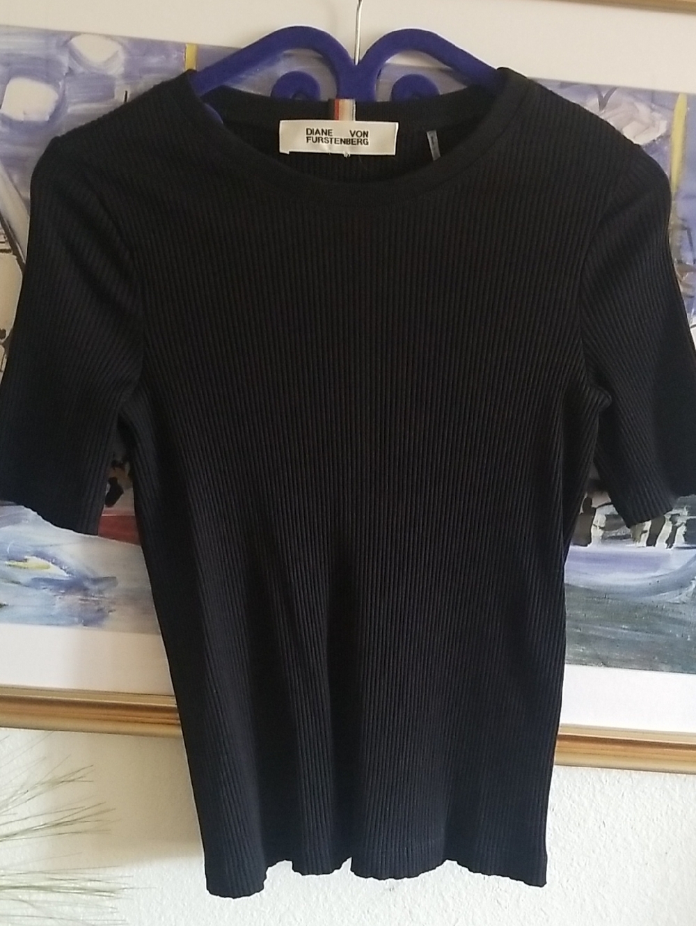 Diane Von Furstenberg Black Ribbed Crewneck Short Sleeve Top